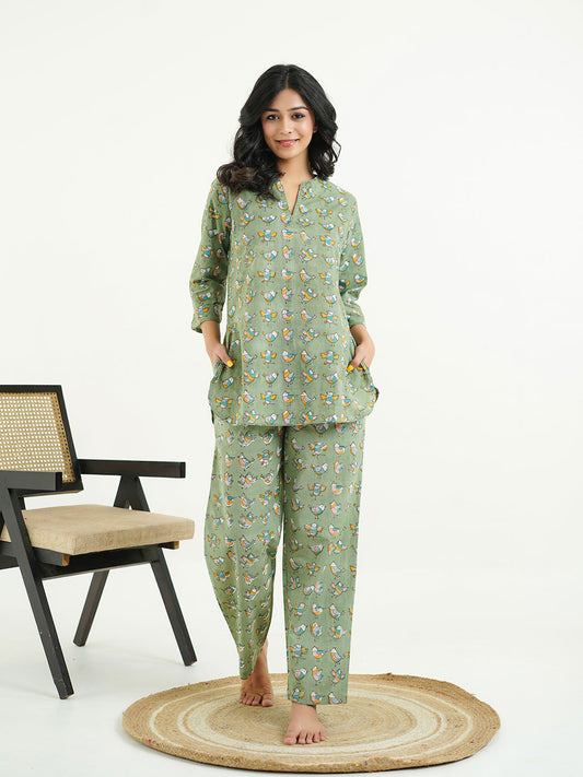 Cotton Printed Lounge Wear Coord Set Green