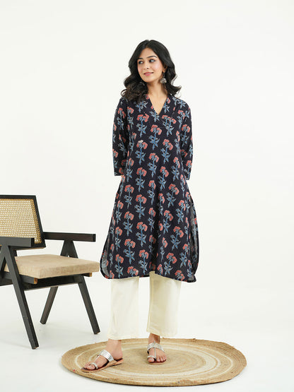 Cotton Printed Classic Straight Kurta Black
