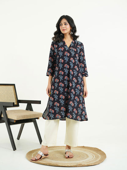 Cotton Printed Classic Straight Kurta Black