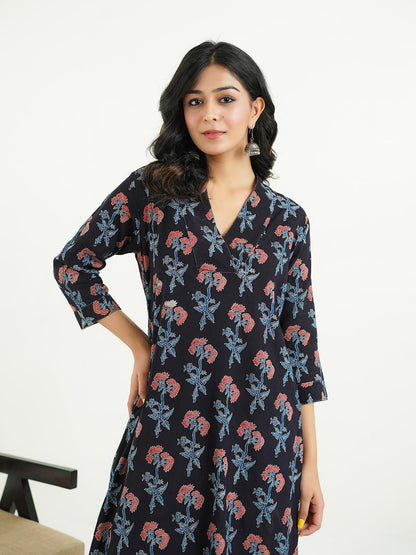 Cotton Printed Classic Straight Kurta Black