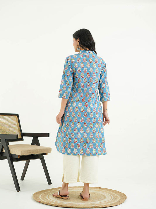 Cotton Printed Classic Straight Kurta Blue
