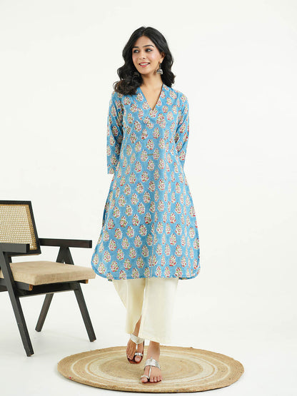 Cotton Printed Classic Straight Kurta Blue