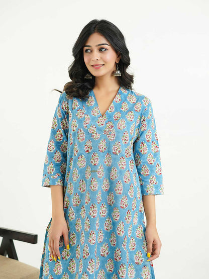 Cotton Printed Classic Straight Kurta Blue