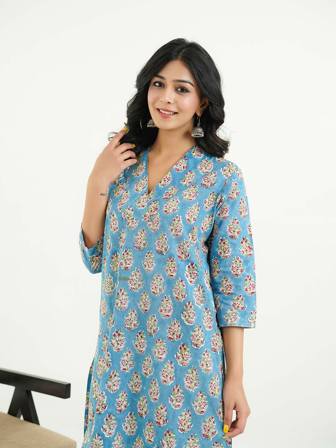 Cotton Printed Classic Straight Kurta Blue