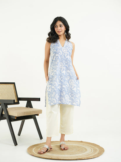 Sleeveless Cotton Halter Neck Kurti Lavender