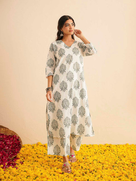 Cotton Printed V-Neck Style Set For Women White
