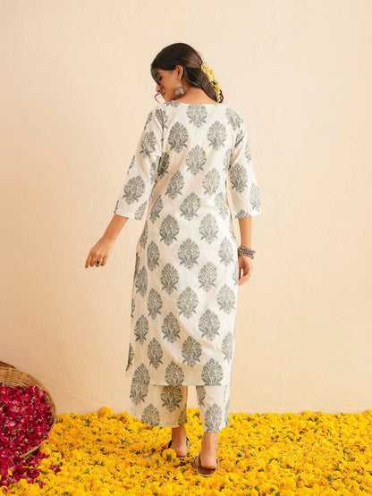 Cotton Printed V-Neck Style Set For Women White
