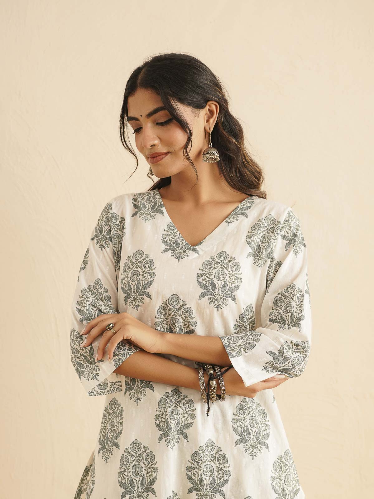 Cotton Printed V-Neck Style Set For Women White