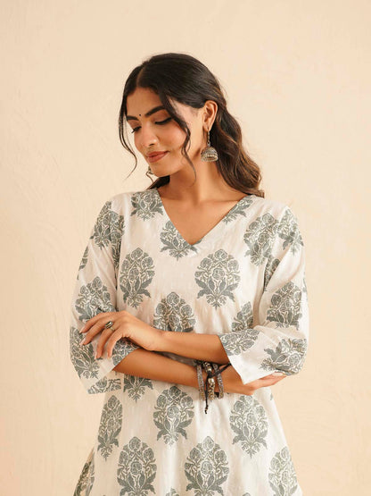 Cotton Printed V-Neck Style Set For Women White