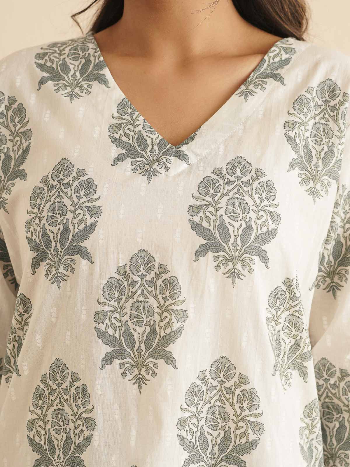 Cotton Printed V-Neck Style Set For Women White