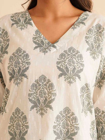 Cotton Printed V-Neck Style Set For Women White