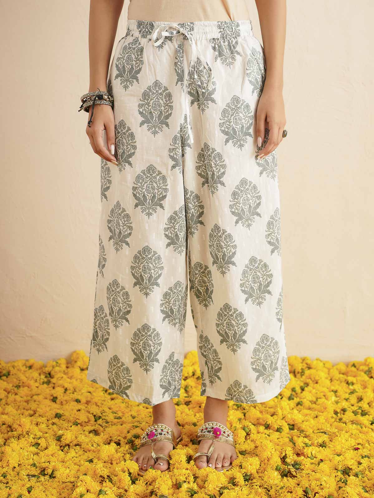 Cotton Printed V-Neck Style Set For Women White