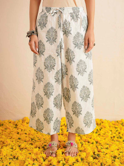 Cotton Printed V-Neck Style Set For Women White