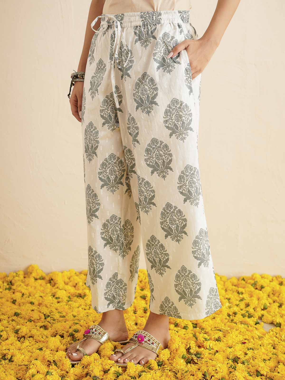 Cotton Printed V-Neck Style Set For Women White