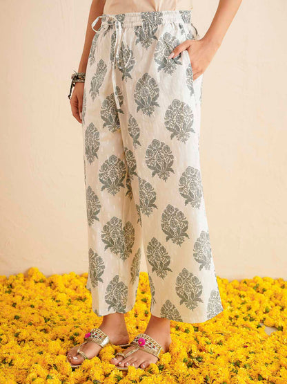 Cotton Printed V-Neck Style Set For Women White
