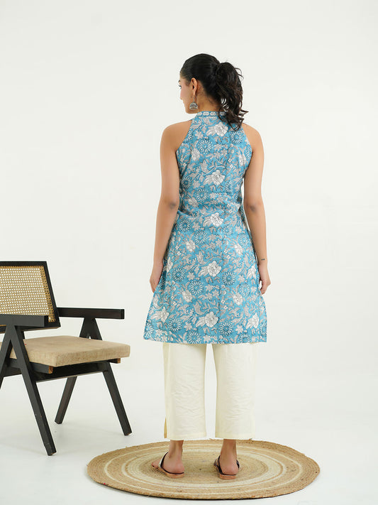 Sleeveless Cotton Halter Neck Kurti Sapphire