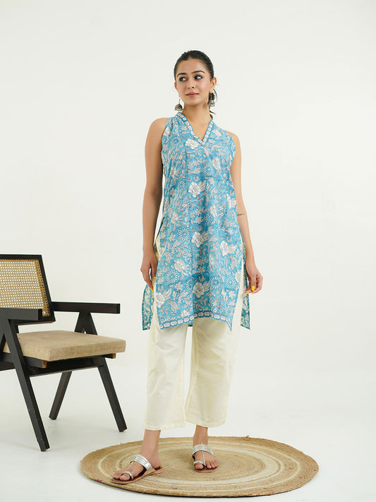 Sleeveless Cotton Halter Neck Kurti Sapphire