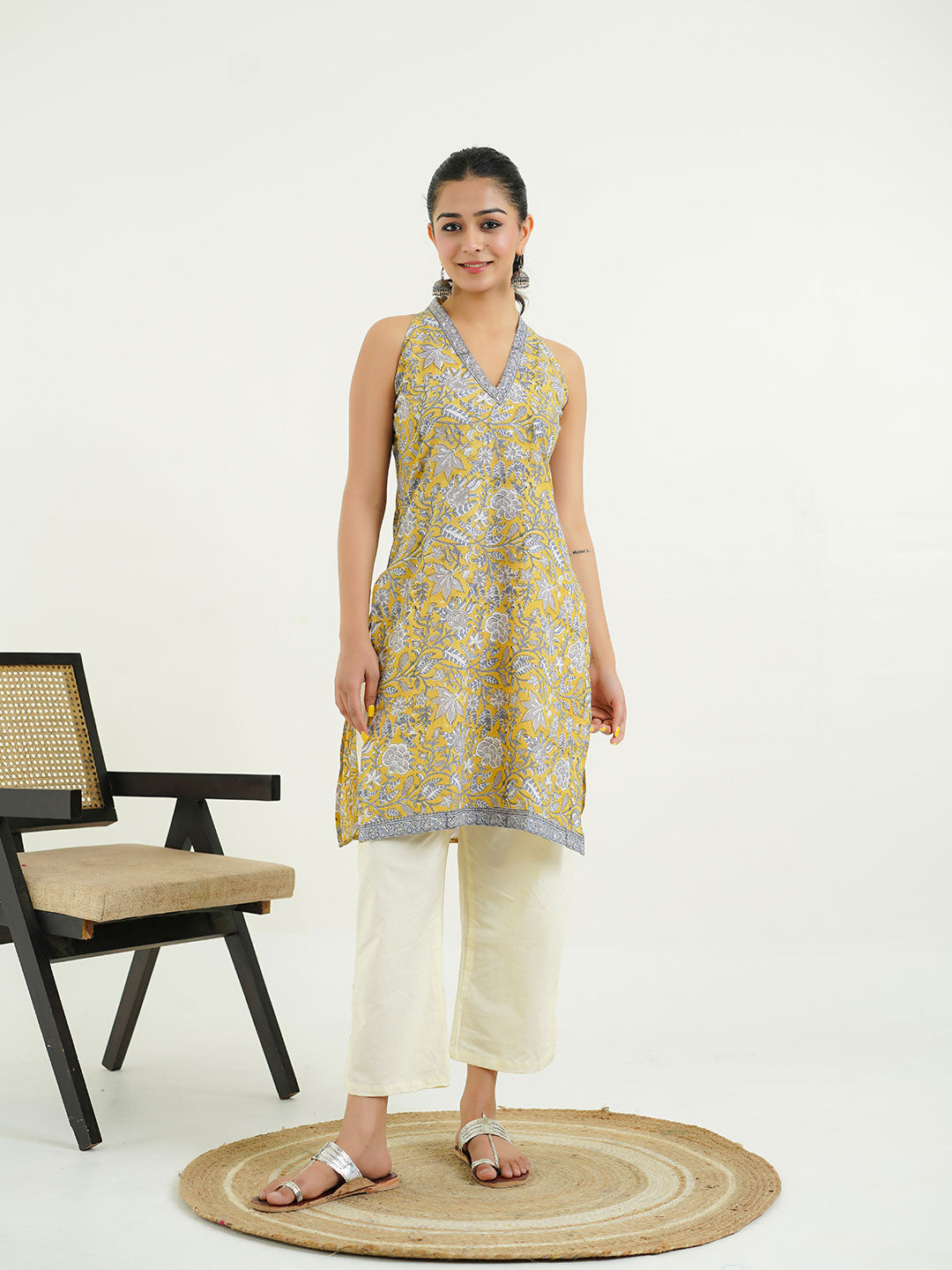 Sleeveless Cotton Halter Neck Kurti Mustard