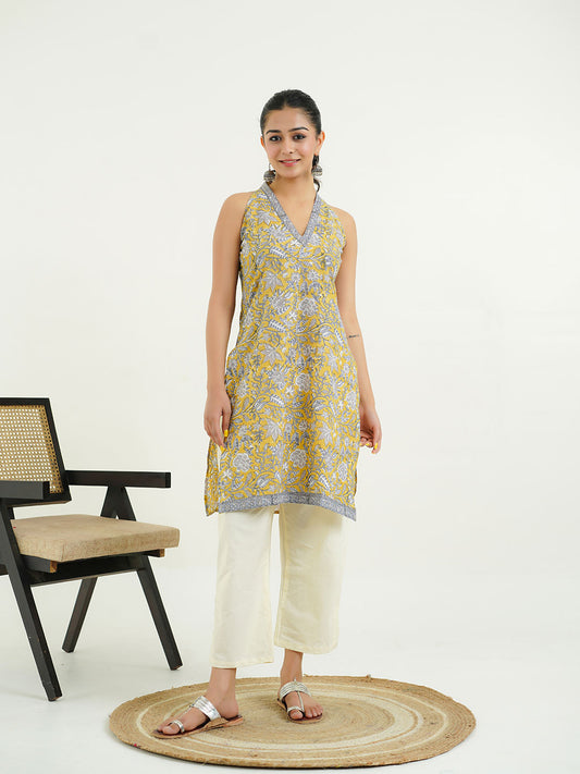 Sleeveless Cotton Halter Neck Kurti Mustard