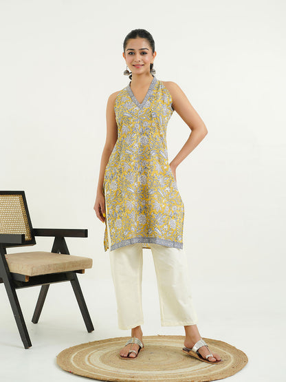 Sleeveless Cotton Halter Neck Kurti Mustard