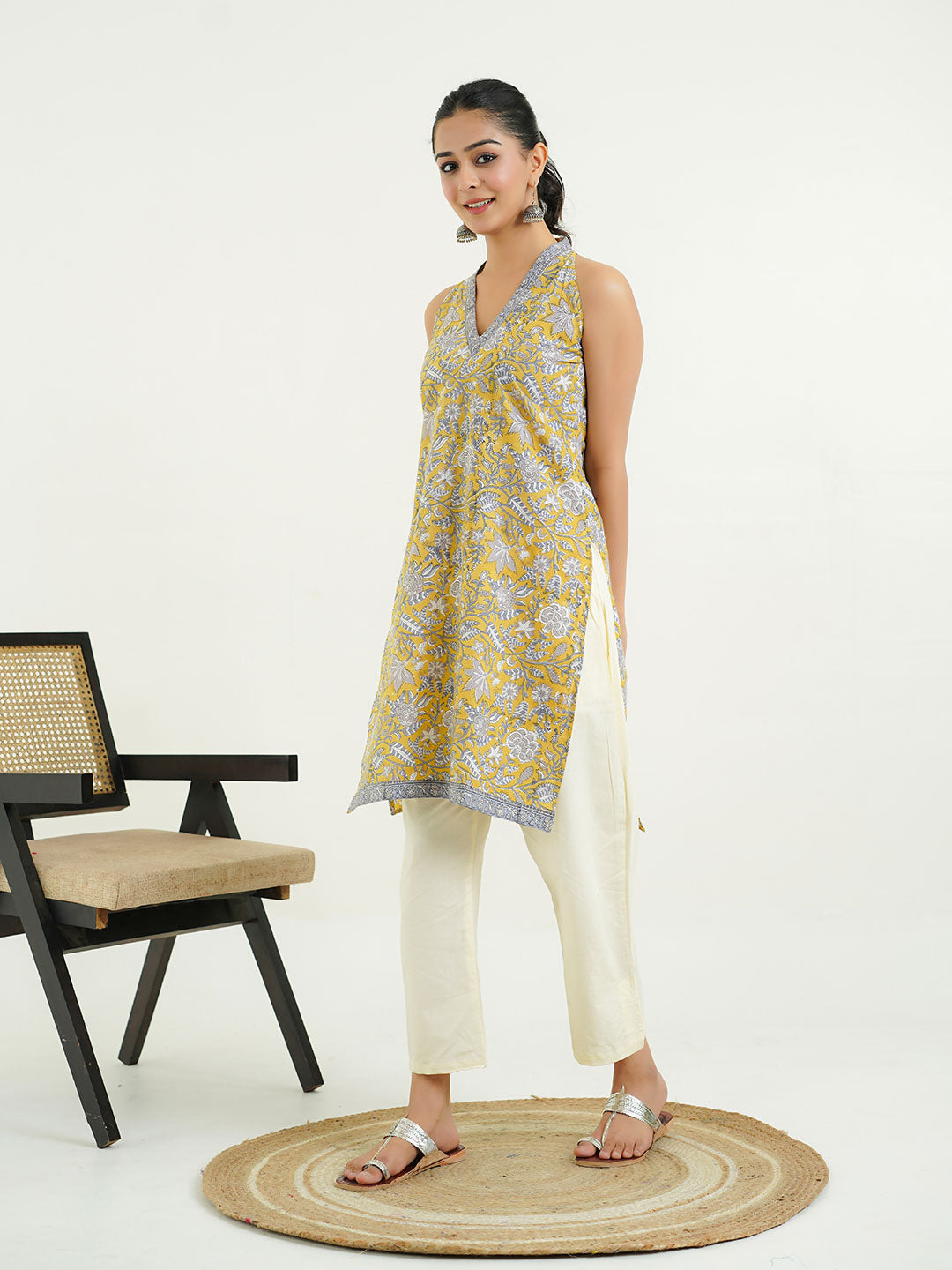 Sleeveless Cotton Halter Neck Kurti Mustard