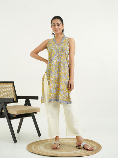Sleeveless Cotton Halter Neck Kurti Mustard