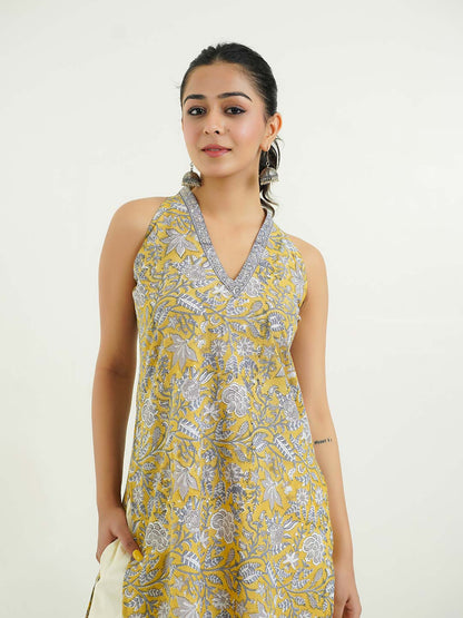 Sleeveless Cotton Halter Neck Kurti Mustard