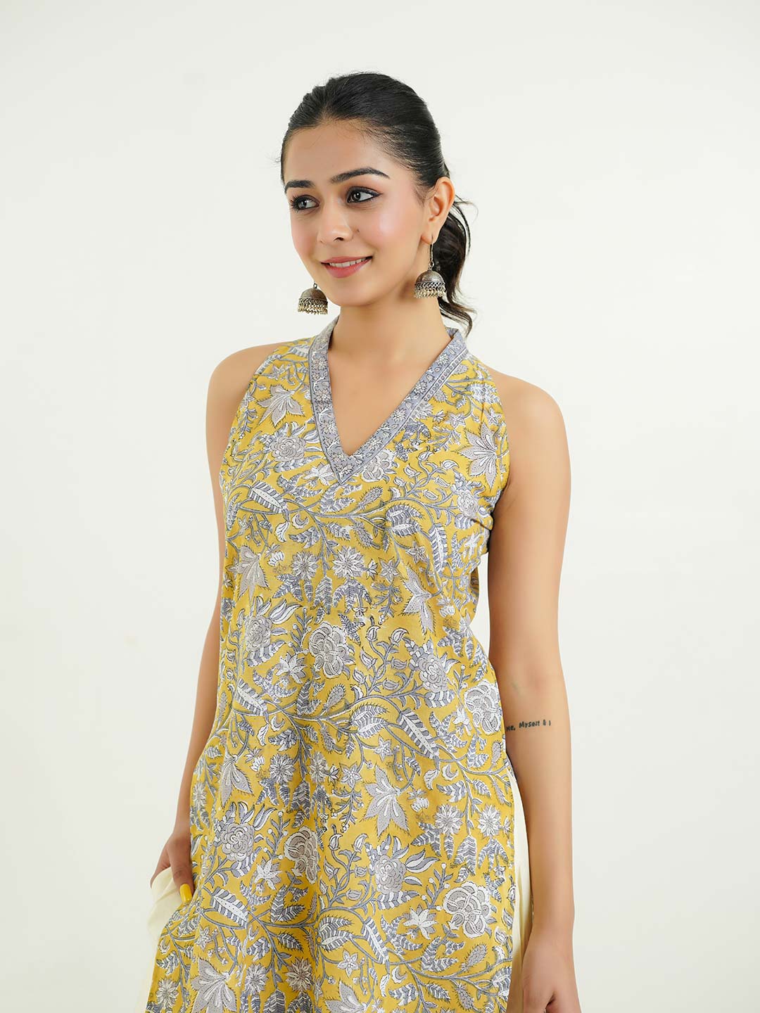 Sleeveless Cotton Halter Neck Kurti Mustard