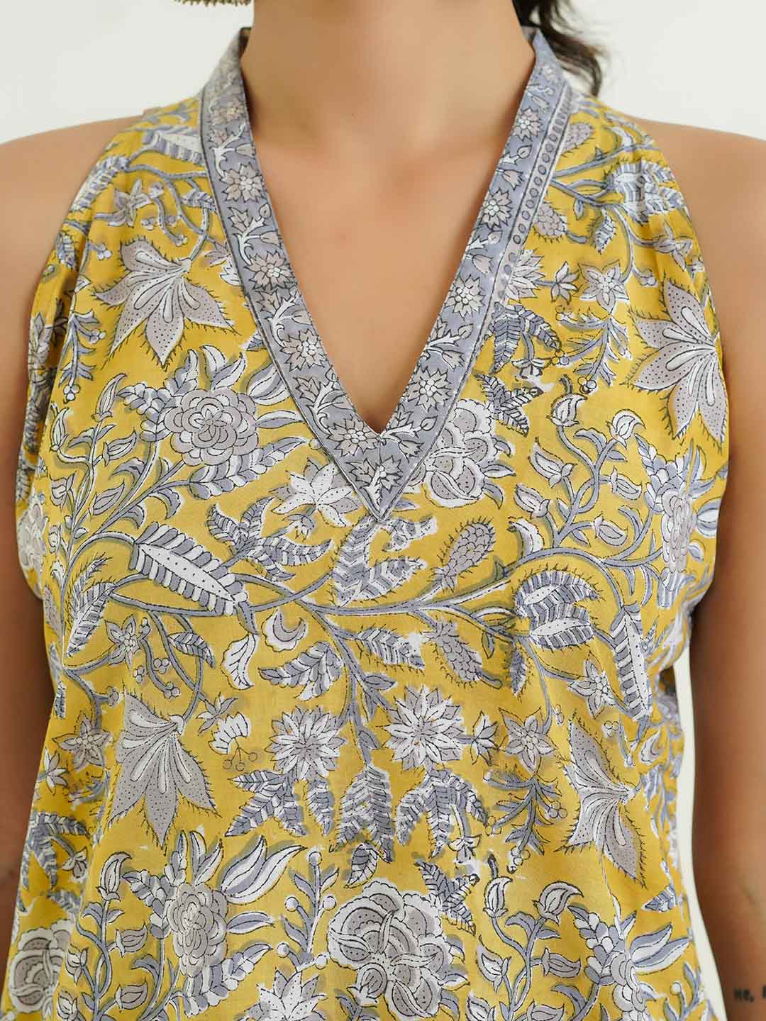 Sleeveless Cotton Halter Neck Kurti Mustard