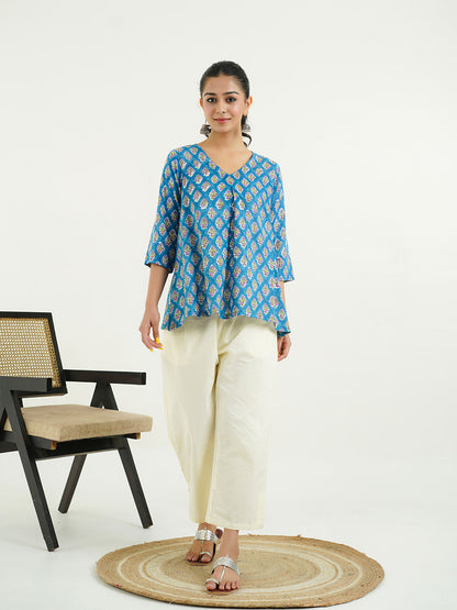 Block Printed Cotton Pleated Top Blue
