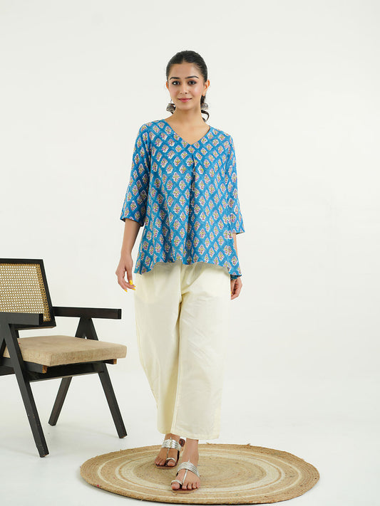 Block Printed Cotton Pleated Top Blue