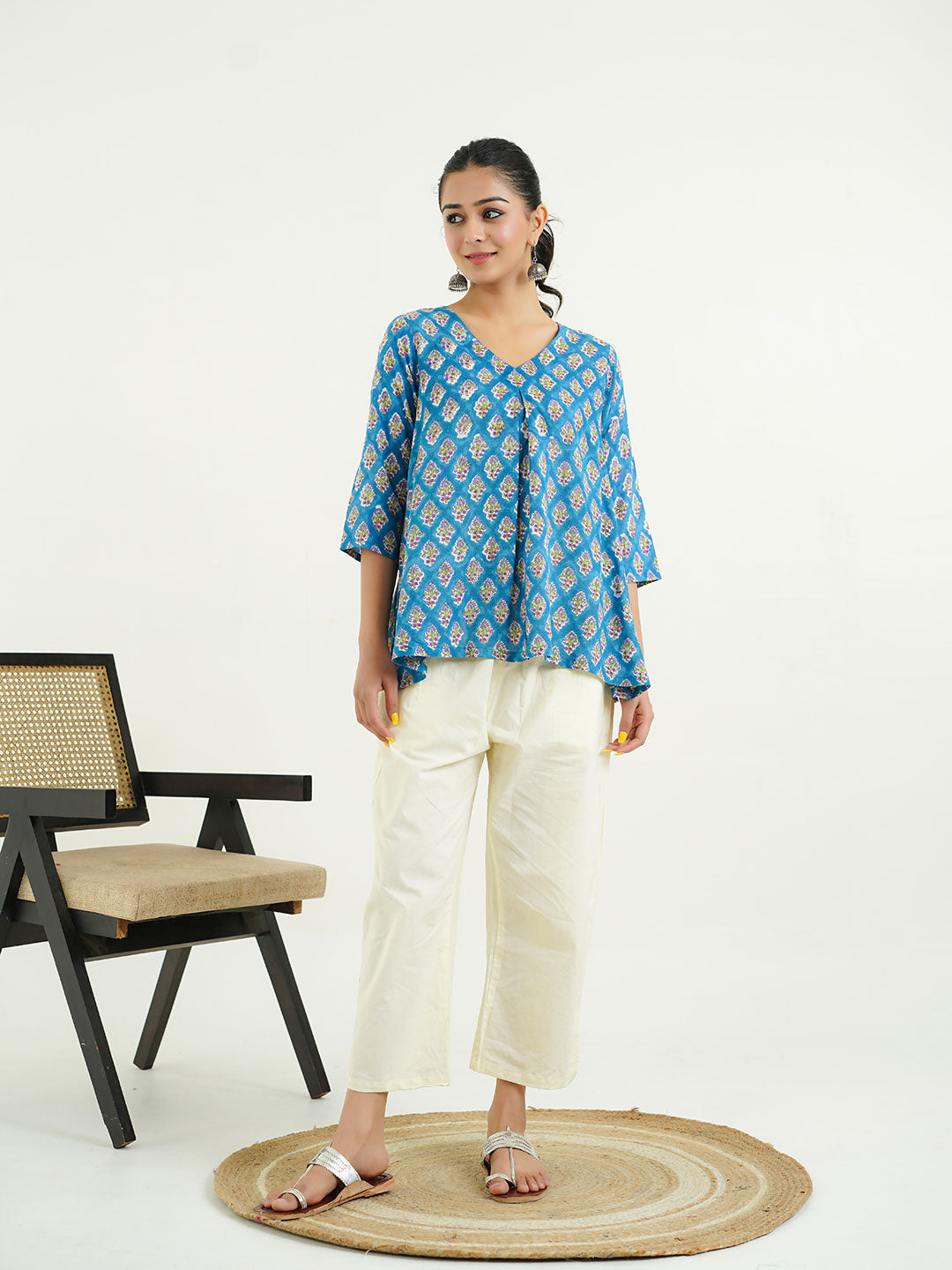 Block Printed Cotton Pleated Top Blue