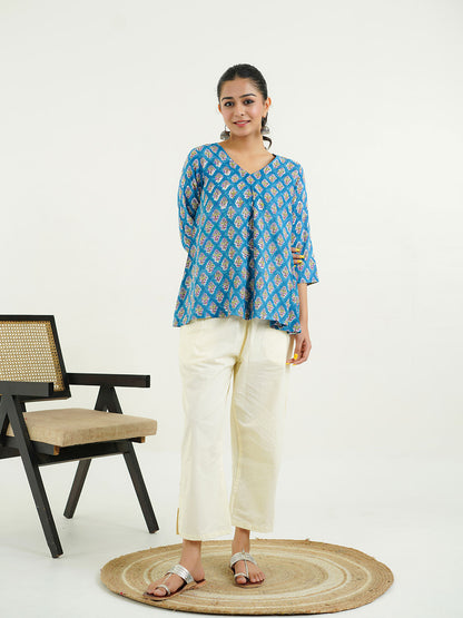 Block Printed Cotton Pleated Top Blue
