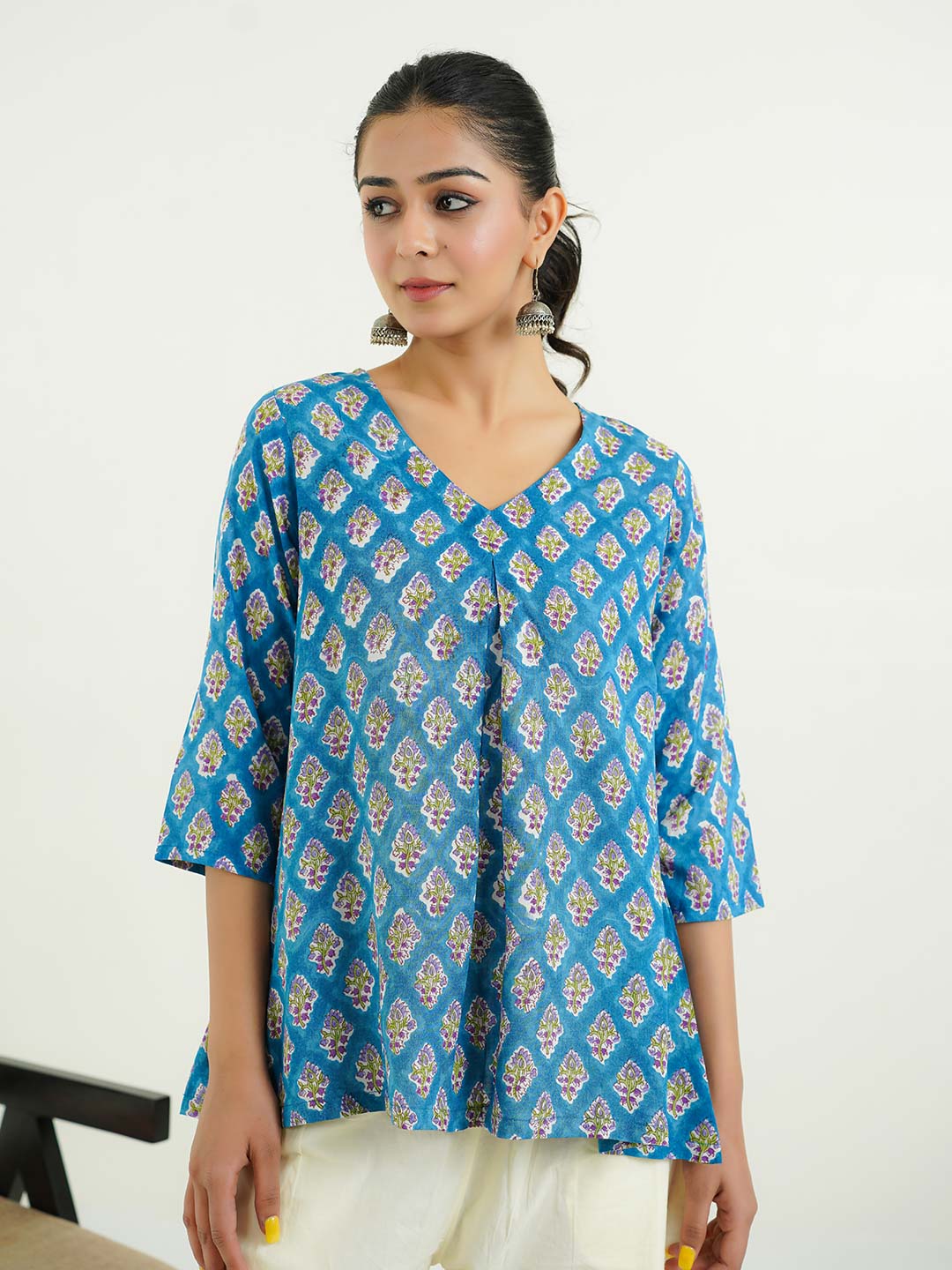Block Printed Cotton Pleated Top Blue