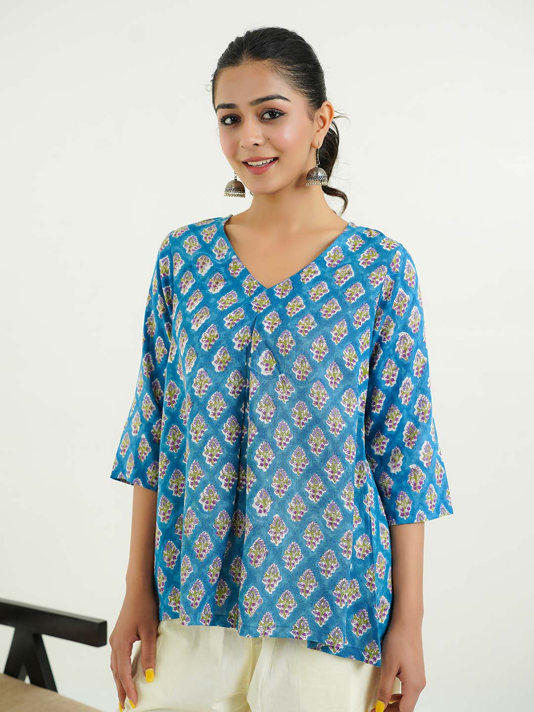 Block Printed Cotton Pleated Top Blue