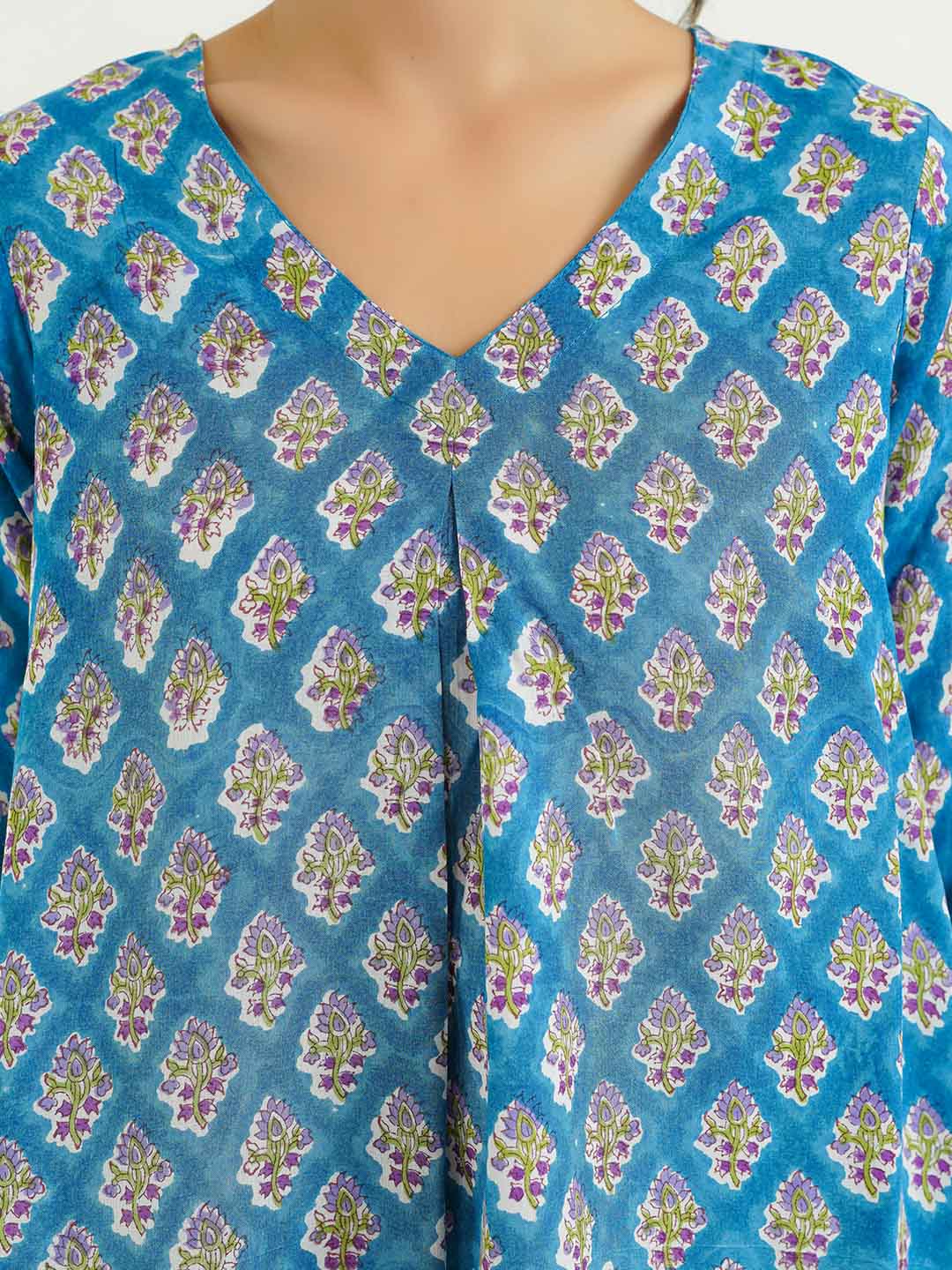 Block Printed Cotton Pleated Top Blue