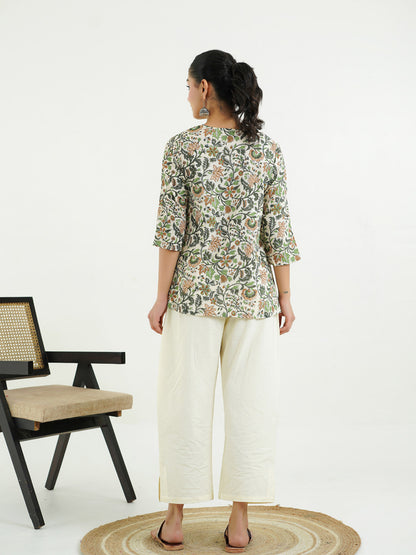 Block Printed Cotton Pleated Top Off-White