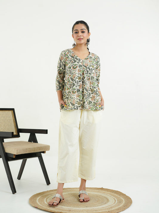 Block Printed Cotton Pleated Top Off-White