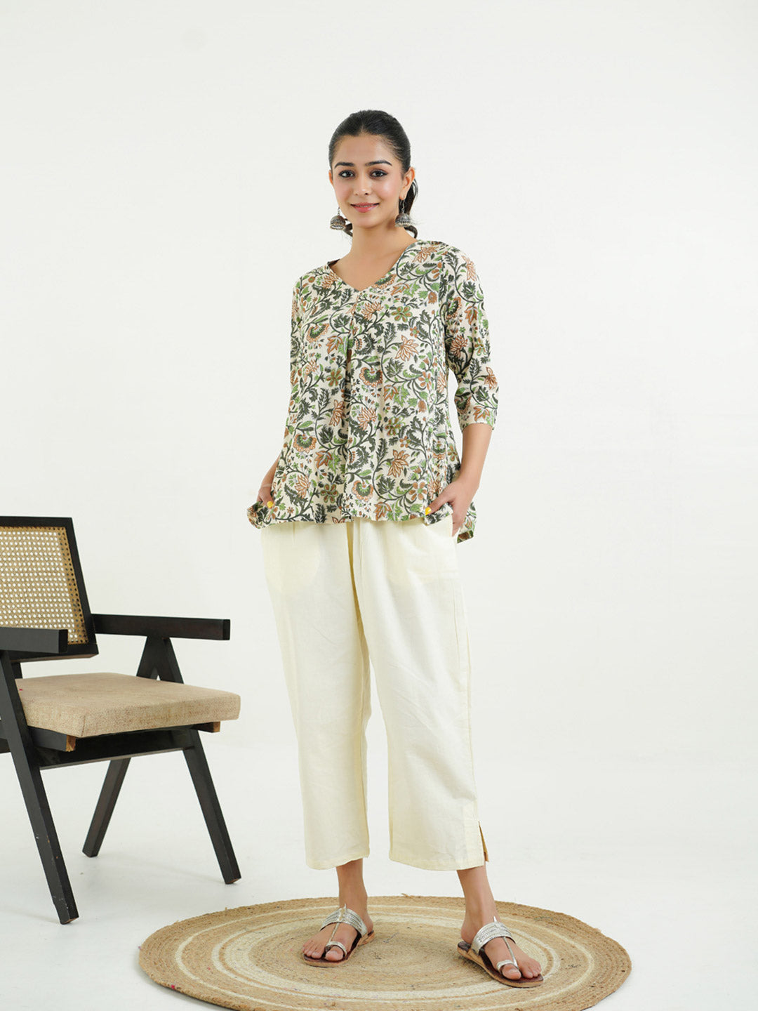 Block Printed Cotton Pleated Top Off-White