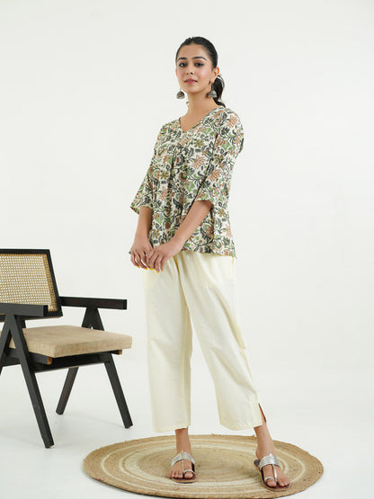 Block Printed Cotton Pleated Top Off-White