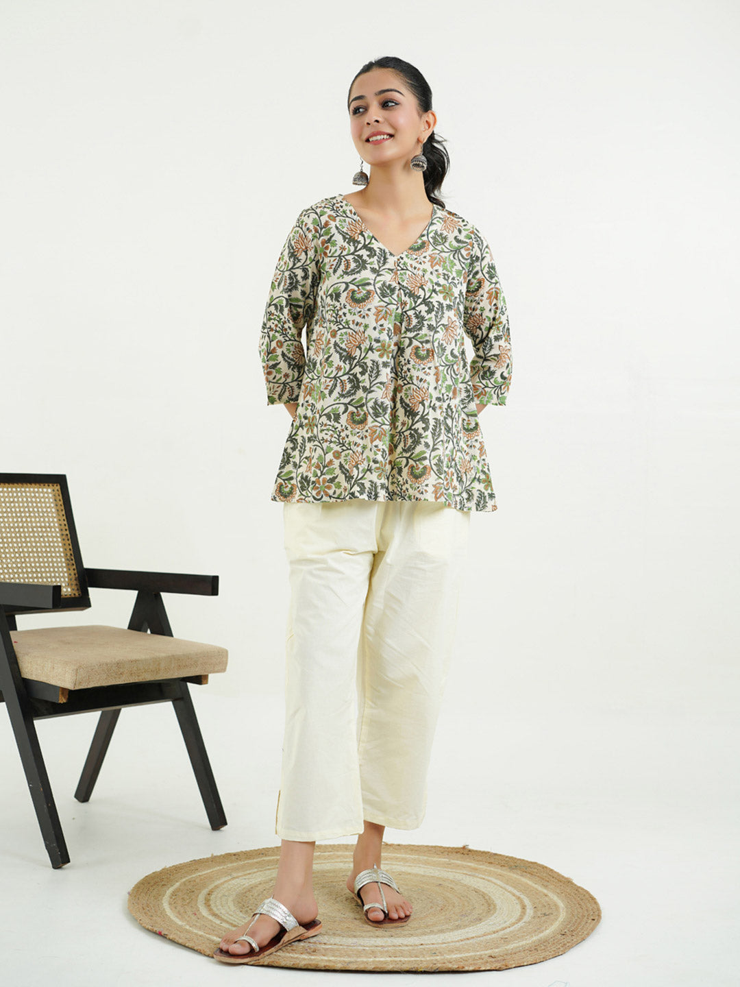 Block Printed Cotton Pleated Top Off-White