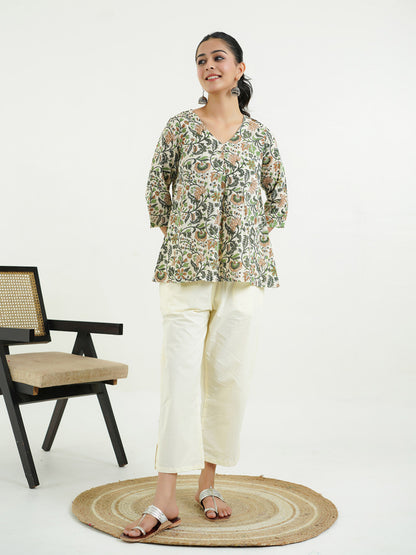 Block Printed Cotton Pleated Top Off-White