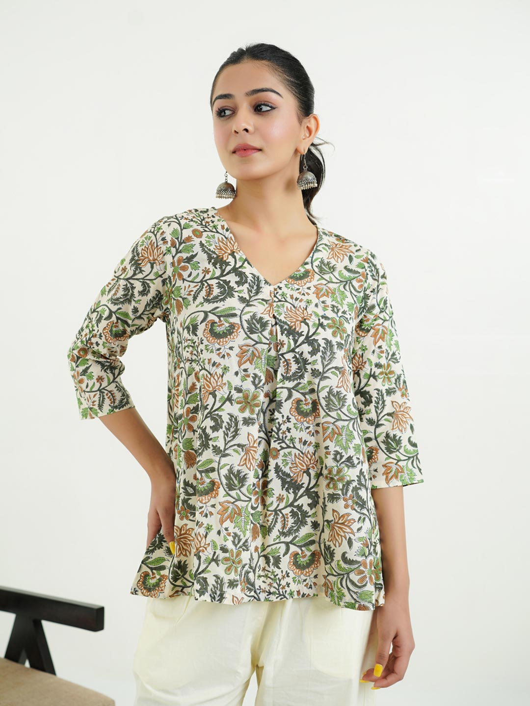 Block Printed Cotton Pleated Top Off-White