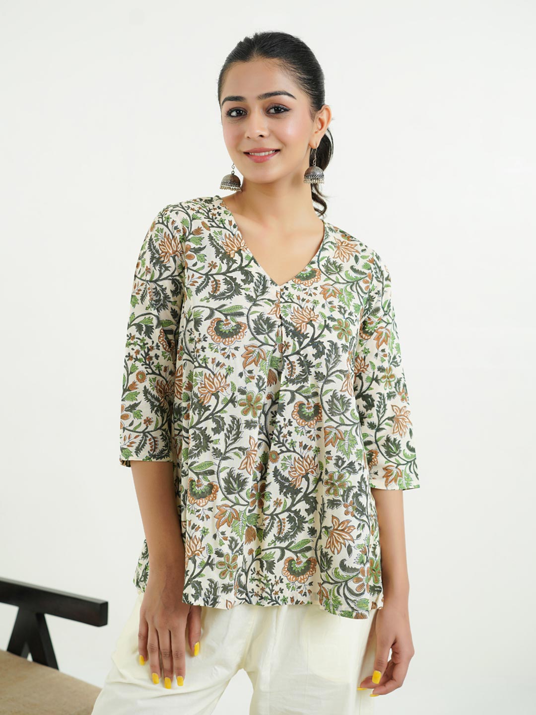 Block Printed Cotton Pleated Top Off-White