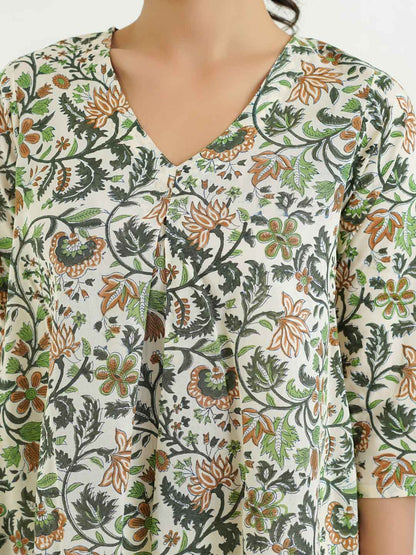 Block Printed Cotton Pleated Top Off-White