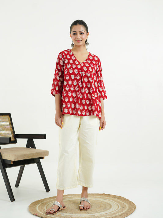 Block Printed Cotton Pleated Top Red
