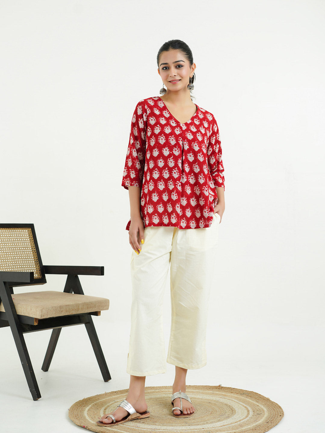 Block Printed Cotton Pleated Top Red