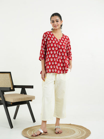 Block Printed Cotton Pleated Top Red