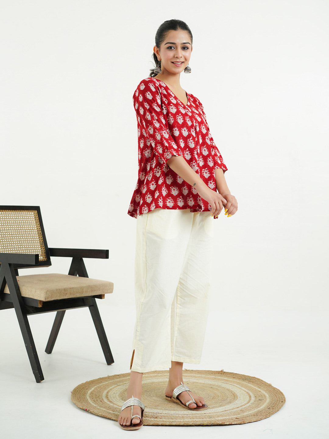 Block Printed Cotton Pleated Top Red