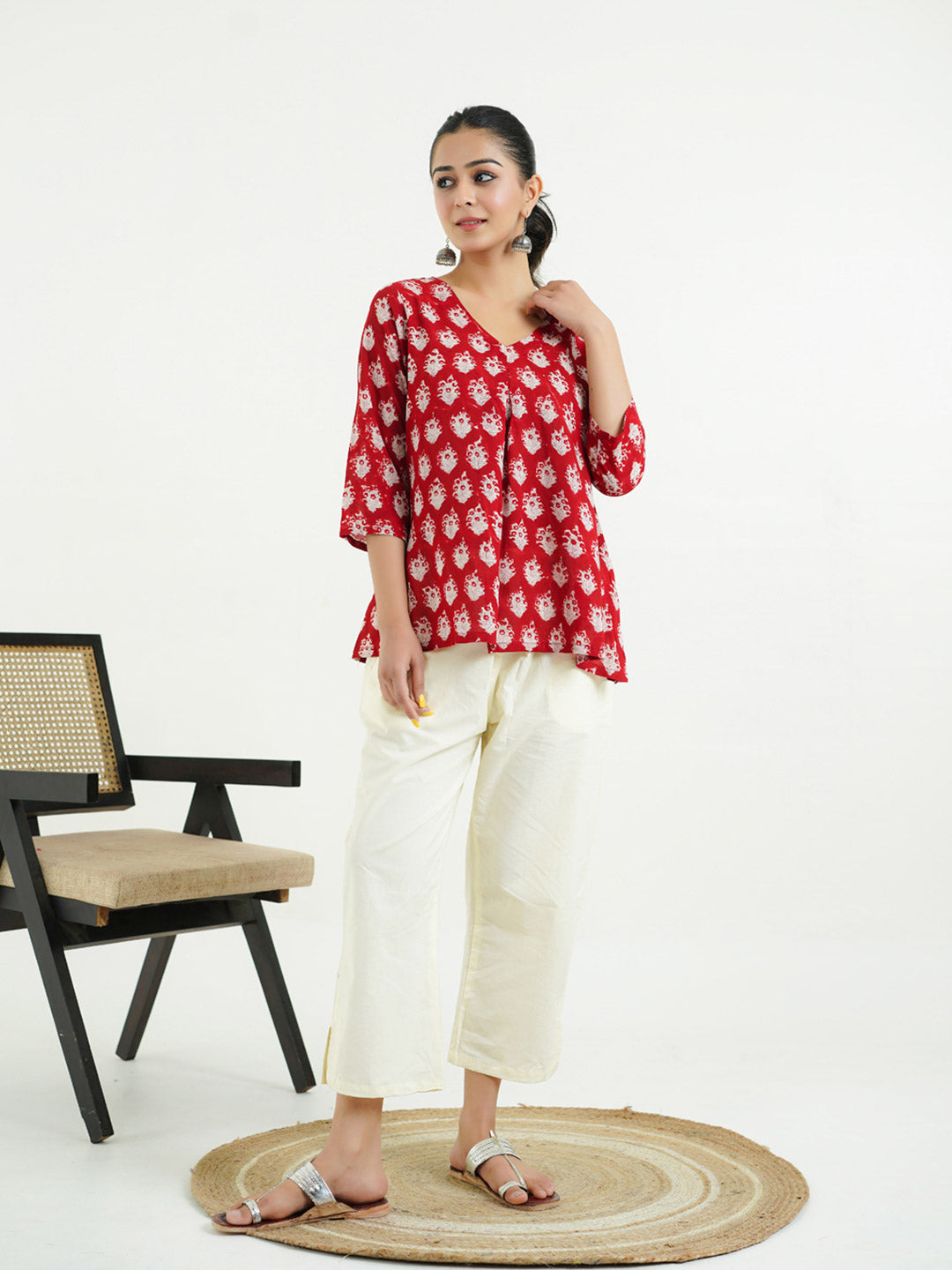 Block Printed Cotton Pleated Top Red